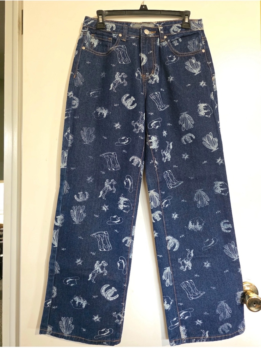 Women's Dark Blue Western Print Wide-Leg Jeans